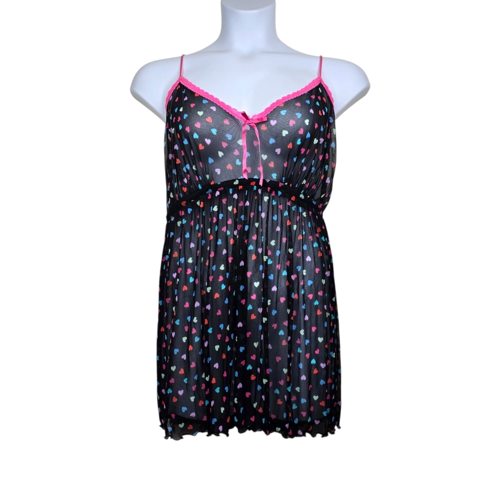 Cacique Womens Black Multicolor Heart Print Sheer Mesh Babydoll Slip Size 22/24